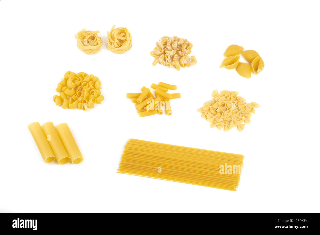 Collection of italian pasta portion isolated on white background Stock