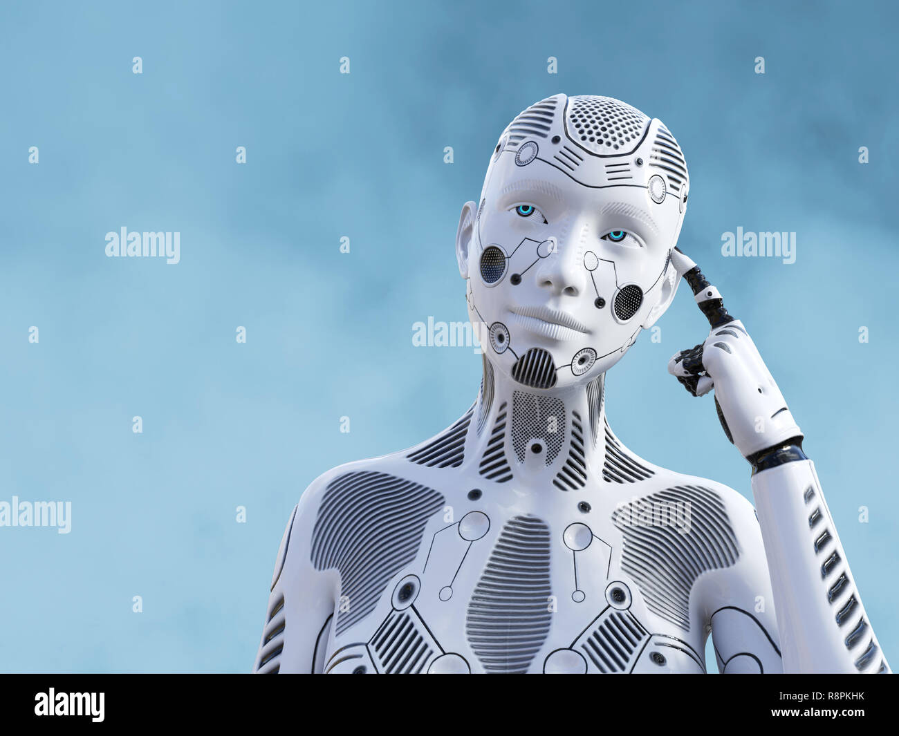 3D rendering of a female robot looking like she is thinking about