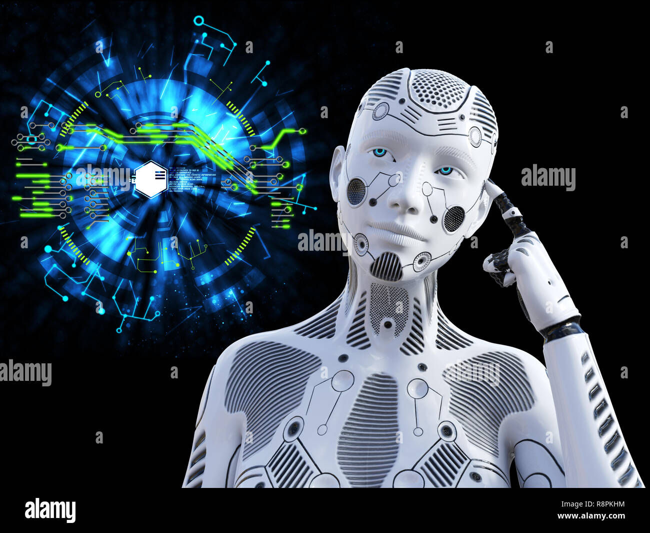 3D rendering of a female robot looking like she is thinking about something using her artificial intelligence. Technology concept. Stock Photo