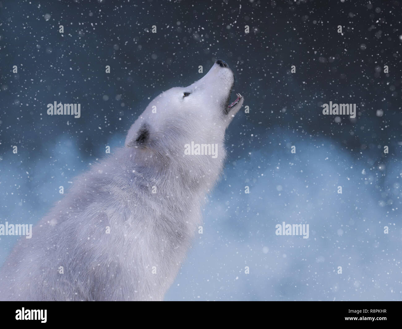 3d Rendering Of A Majestic White Wolf Sitting Down And Howling Surrounded By Magical Snow Stock Photo Alamy
