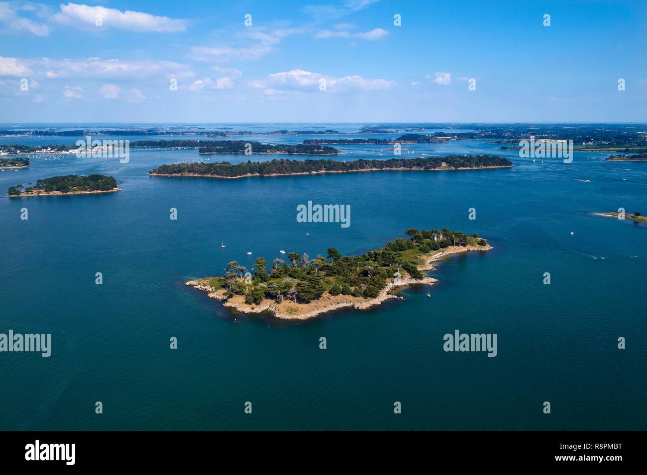 France, Morbihan, Baden, island of Grand Veïzit in front of Ile Longue (aerial view) Stock Photo
