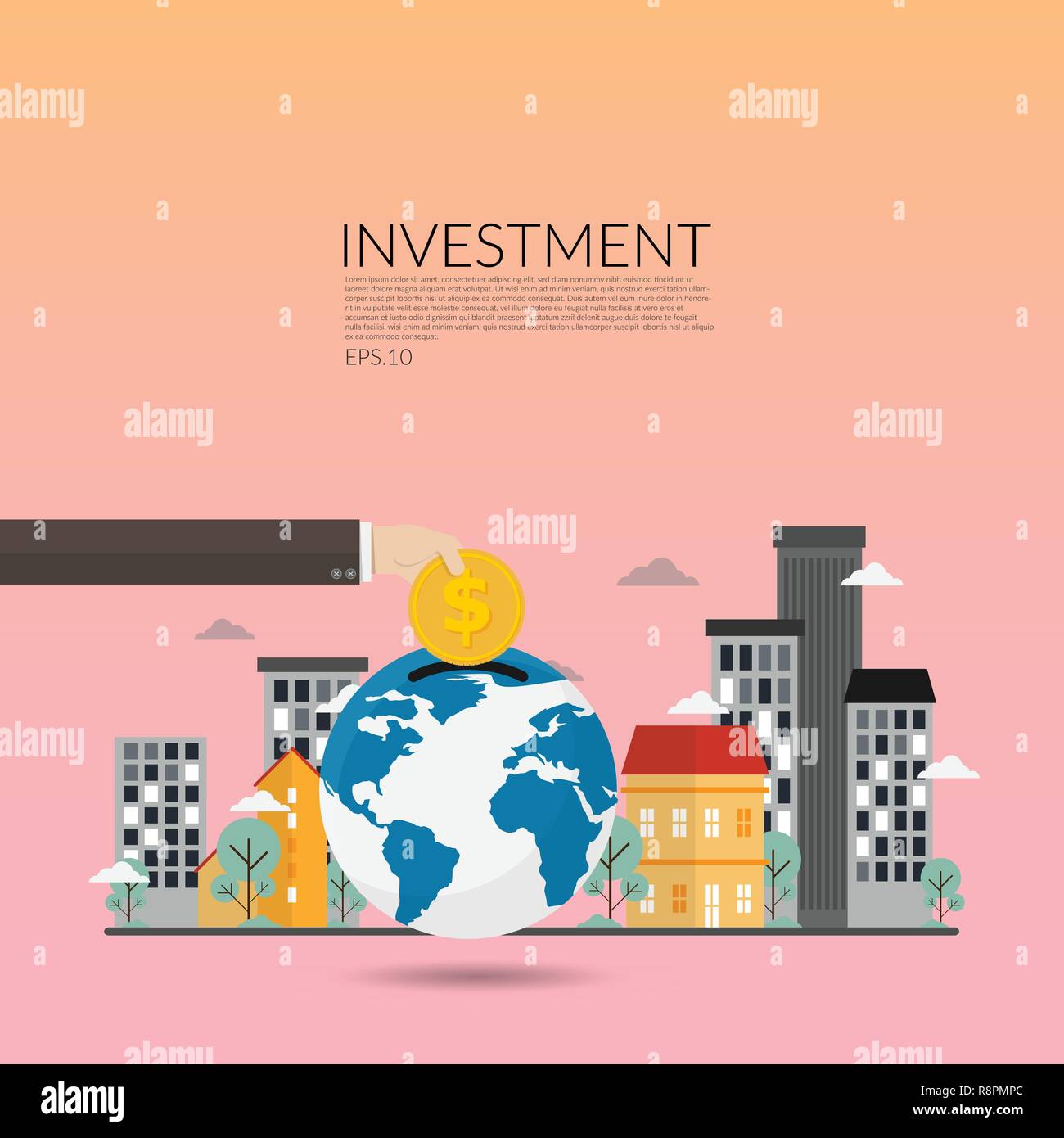 investment in real estate. creative vector of financial investments, marketing, analysis,financial savings and money turnover. businessman hand with g Stock Vector