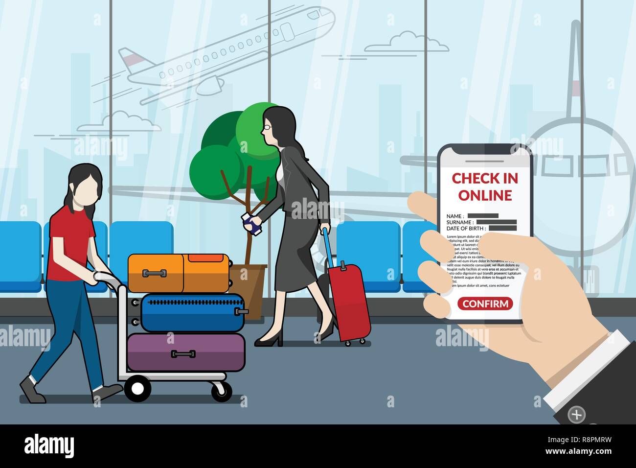 businessman as passenger using application for check in online at the airport. technology for travel concept. vector illustrator flat design Stock Vector
