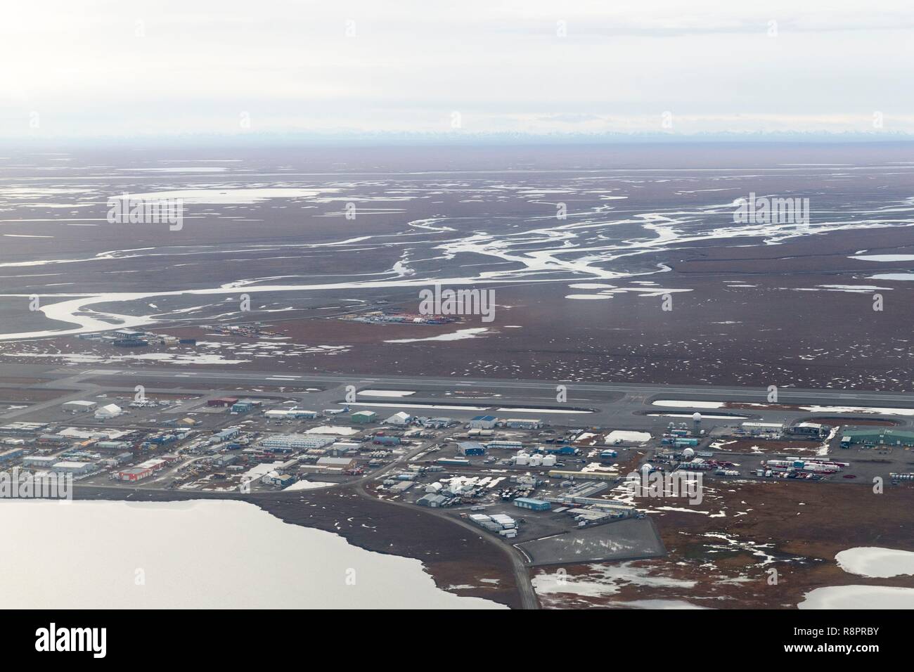 United States, Alaska, Arctic National Wildlife Refuge, North Slope Borough, aerial view of Prudhoe Bay Stock Photo
