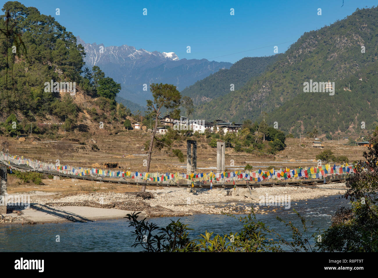 Bridge Across Mo Chu River and Punakha Valley, Punakha, Bhutan Stock Photo