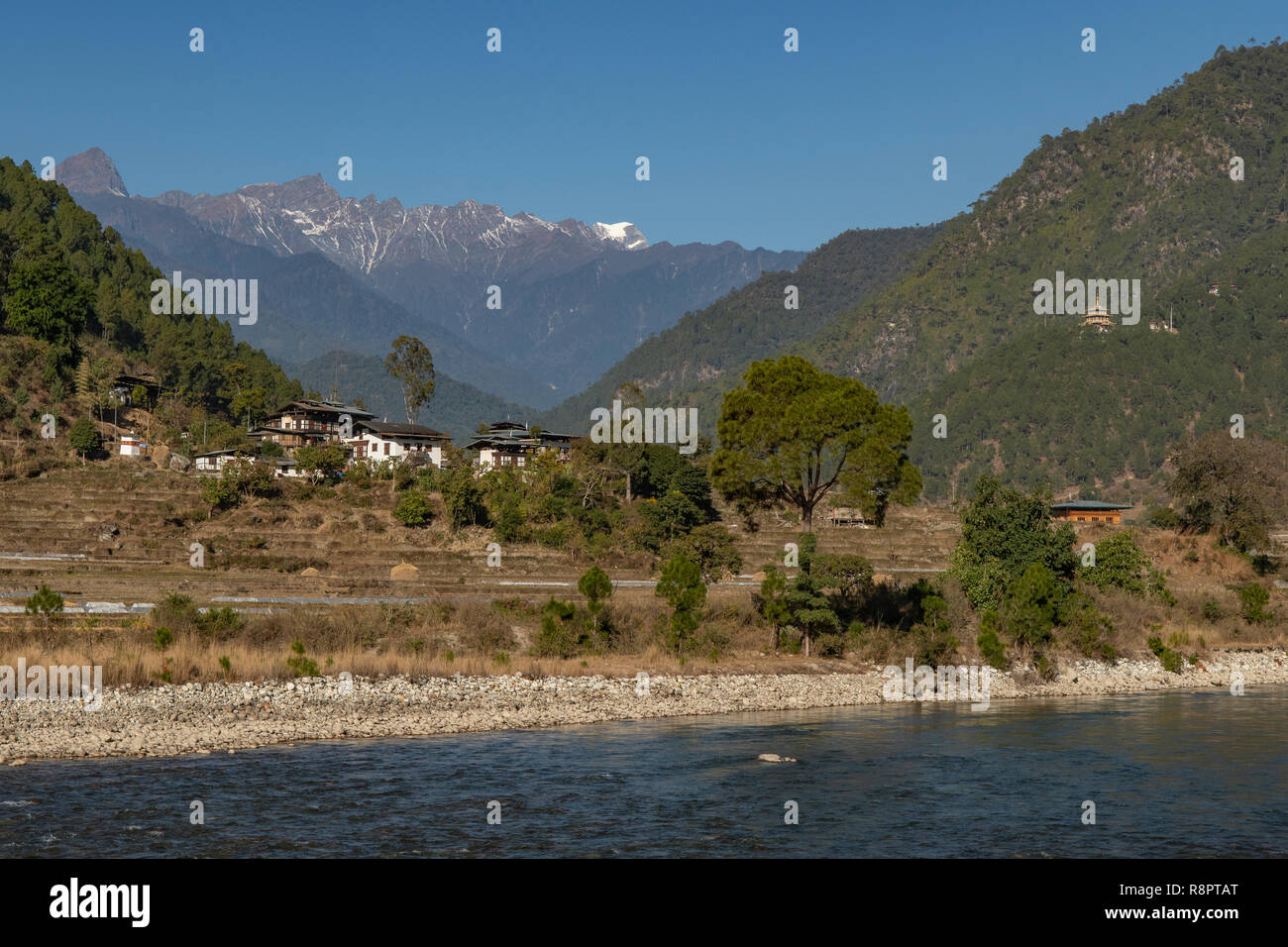Mo Chu River and Punakha Valley, Punakha, Bhutan Stock Photo