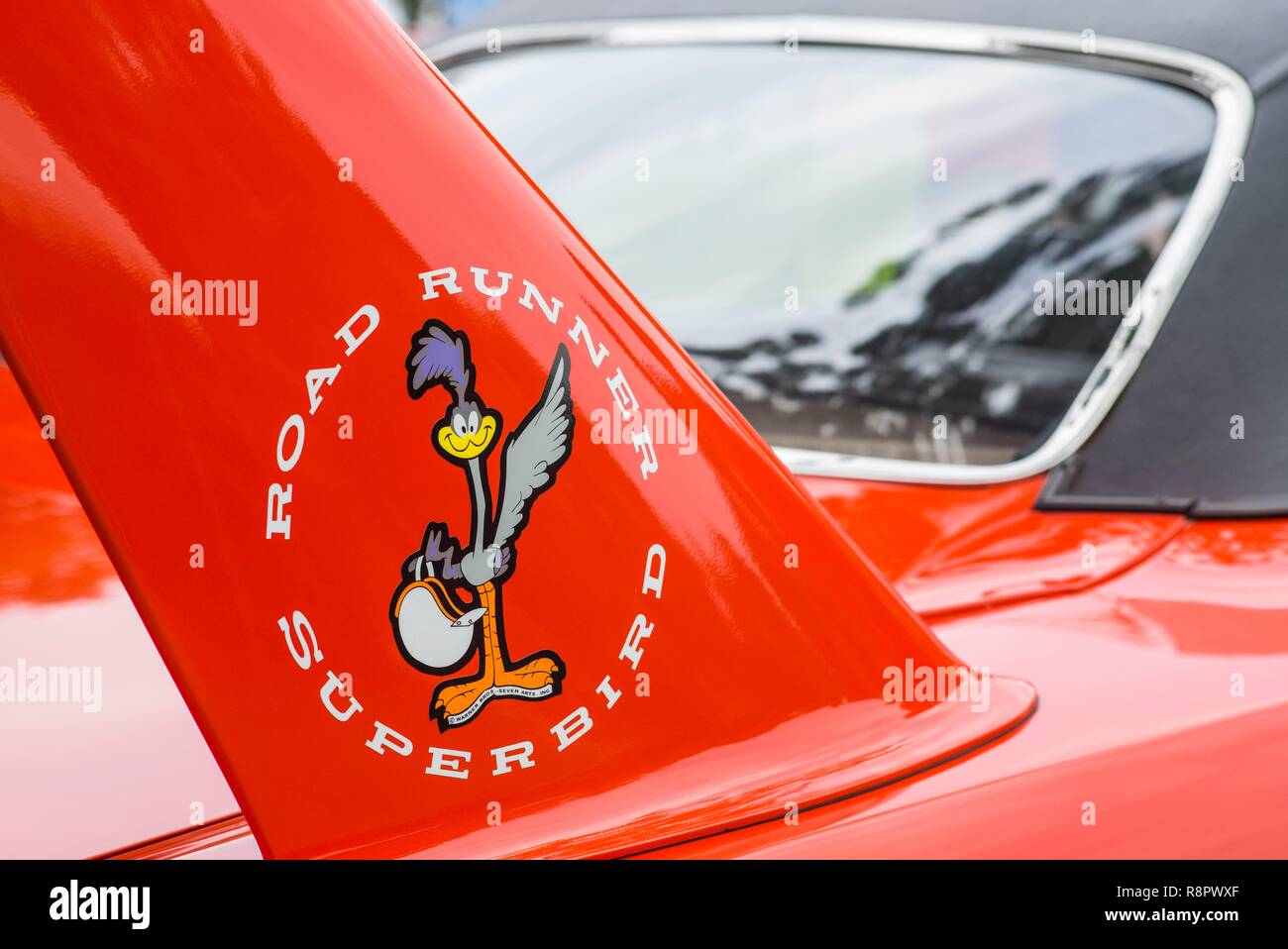 United States, New England, Massachusetts, Beverly, antique cars, 1970s-era Plymouth Road Runner muscle car, tail fin Stock Photo