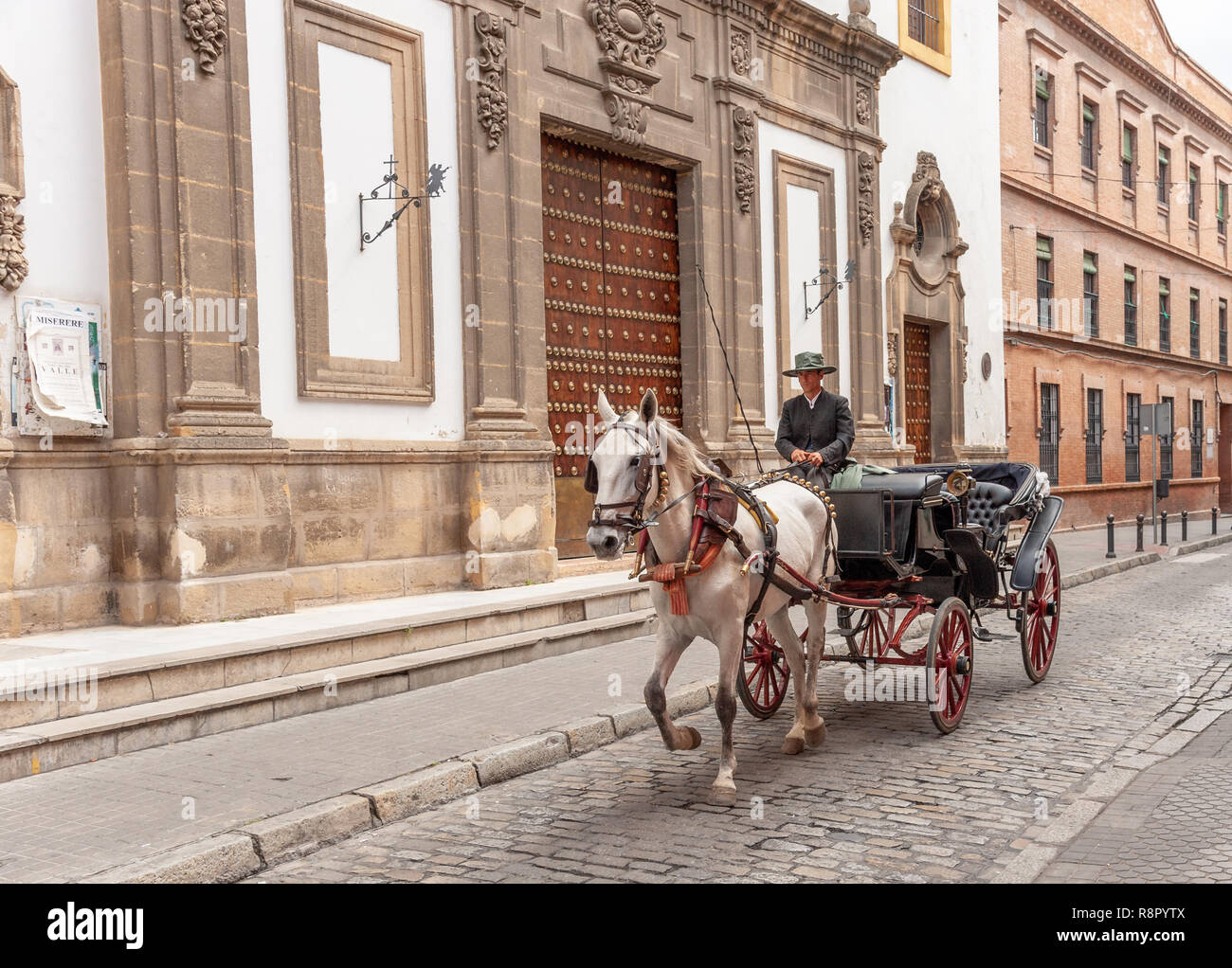 Horse and carriage going down old town street, Seville, Spain Stock Photo