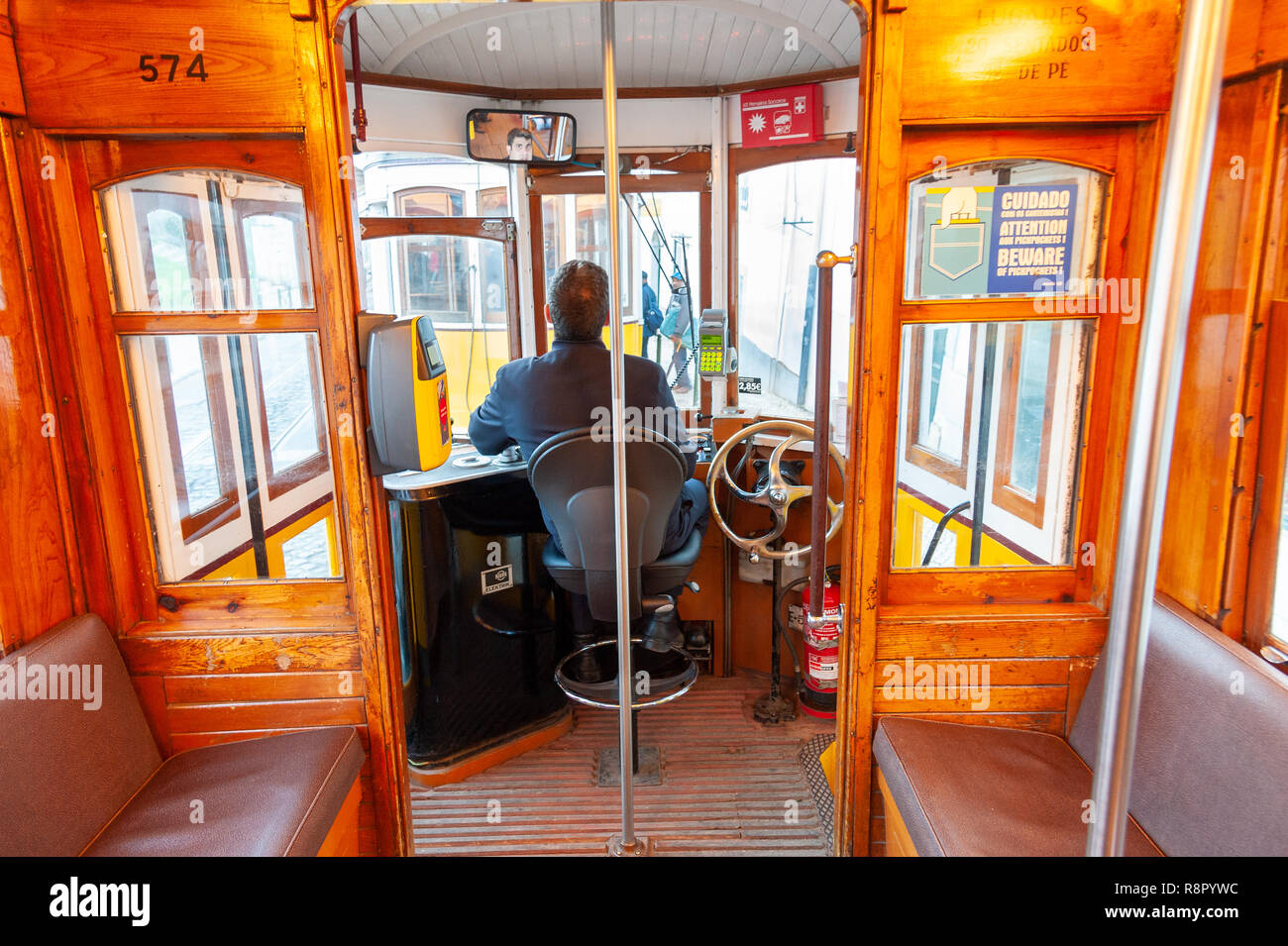 Interior of a traditional tram, Lisbon, Portugal Stock Photo