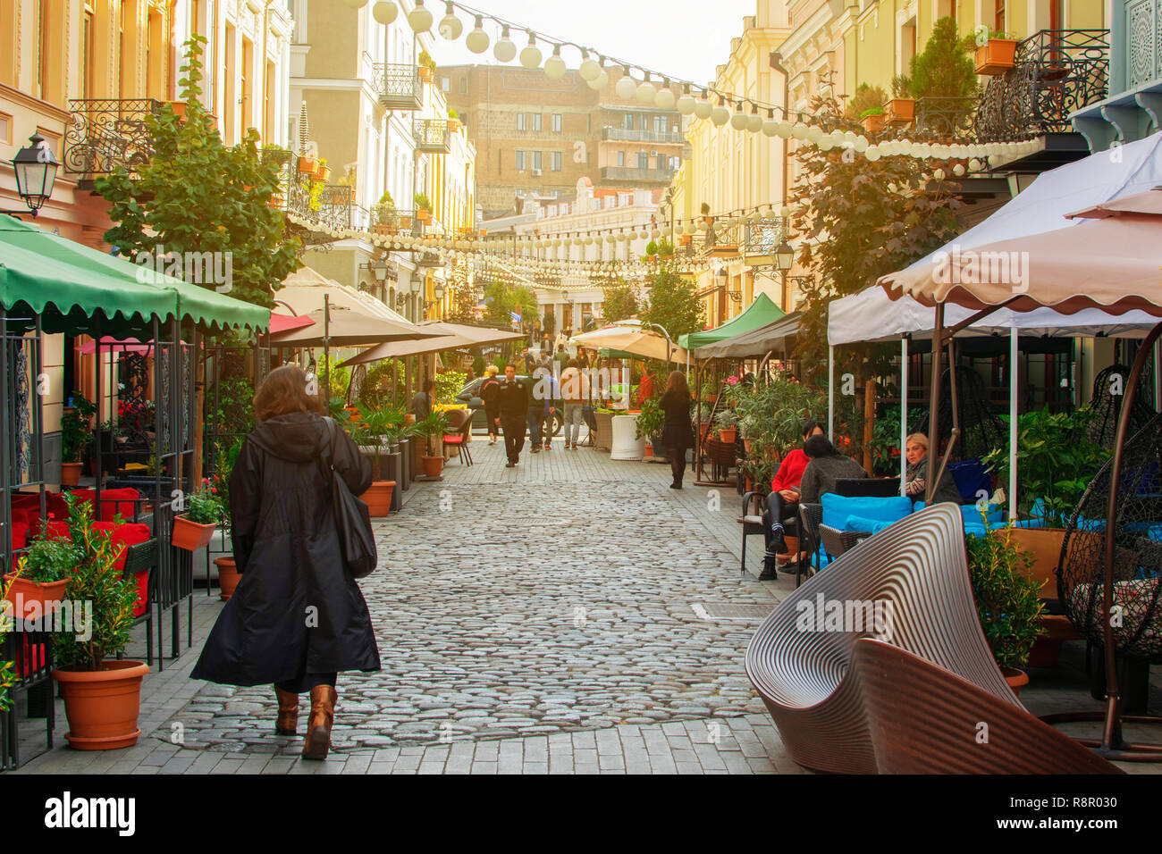 TBILISI, NOV 01 2018 People walking on reconstructed street