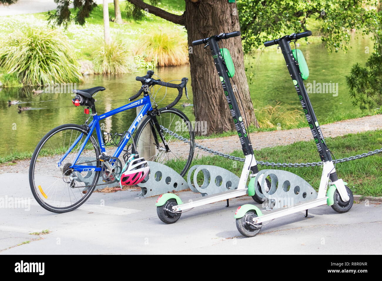 Christchurch, New Zealand 1 December 2018 Lime scooters parked by a