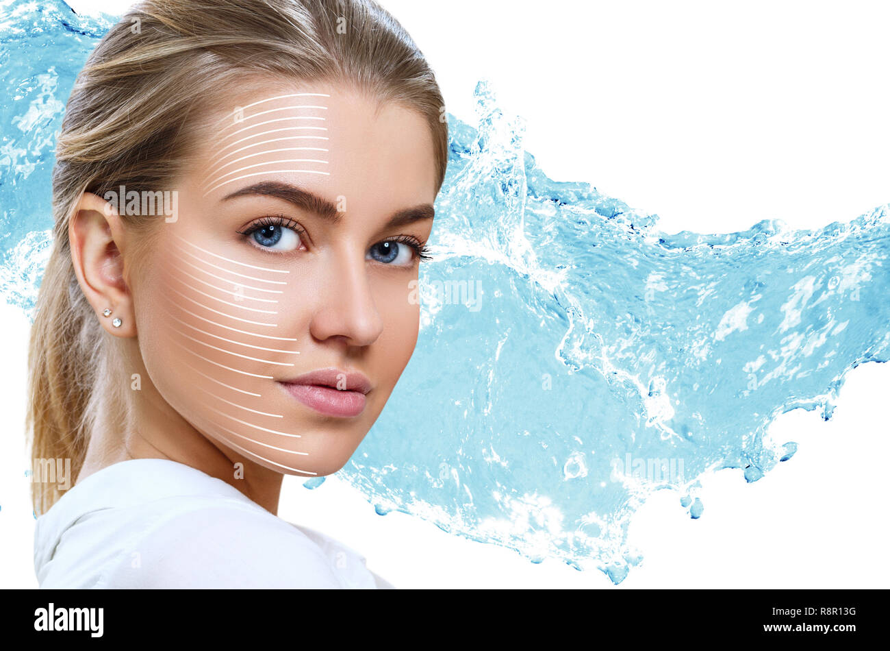 Graphic lines shows facial lifting effect on skin. Stock Photo