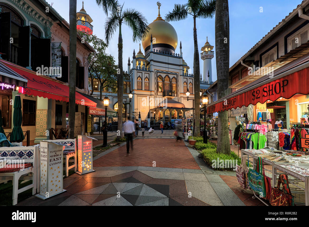 Singapore, Singapore - October 19, 2018: Restaurants in front of the Masjid Sultan (Sultan Mosque) in Muscat Street - Kampong Glam. Muslim quarter, Ar Stock Photo