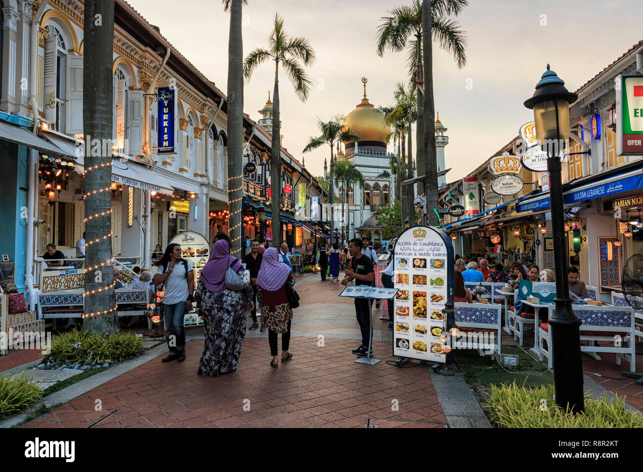 Singapore, Singapore - October 19, 2018: Restaurants in front of the Masjid Sultan (Sultan Mosque) in Muscat Street - Kampong Glam. Muslim quarter, Ar Stock Photo