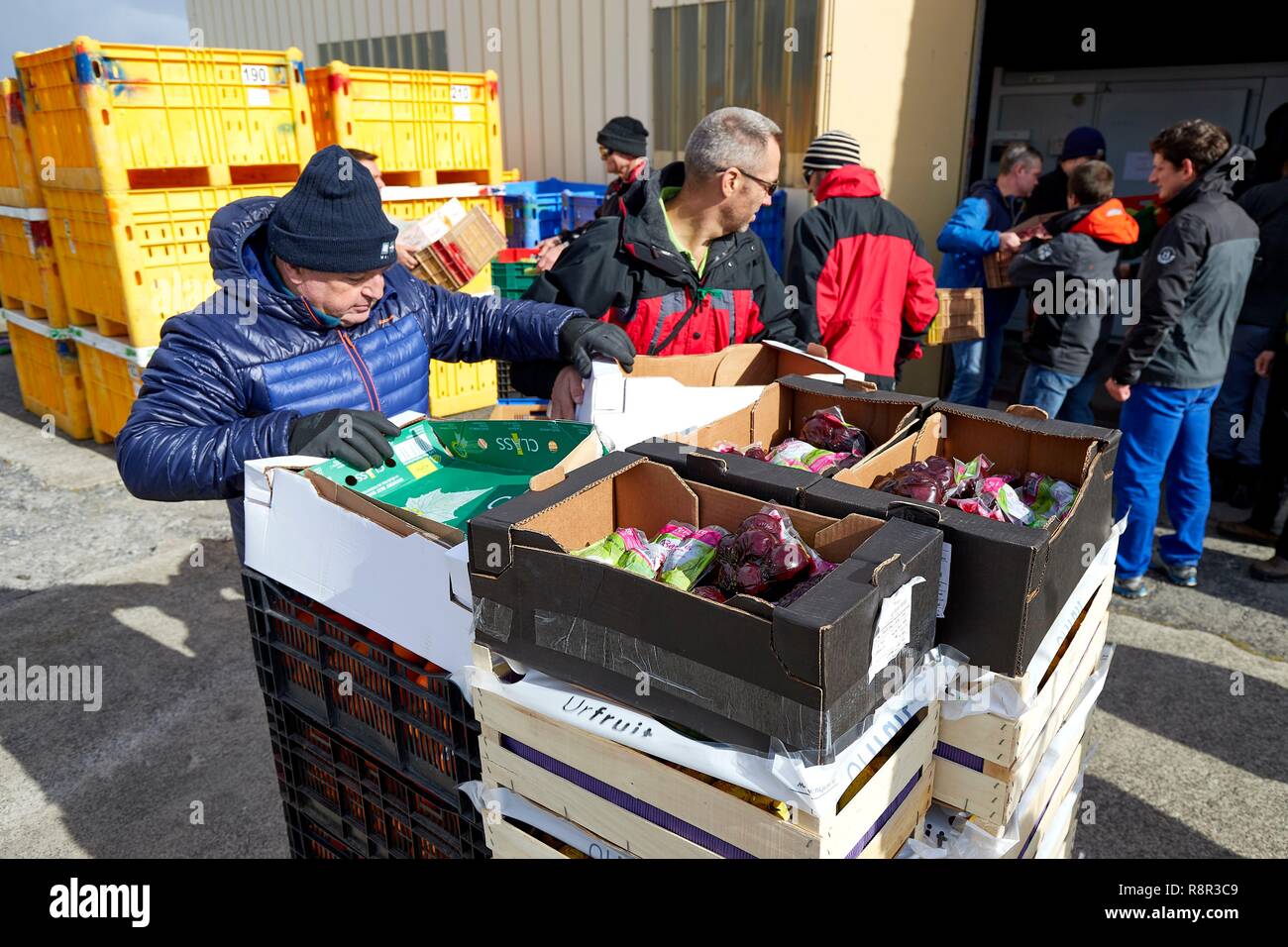 France, French Southern and Antarctic Lands, Kerguelen Islands, Port-aux-Français, during the passage of the Marion Dufresne (supply ship of French Southern and Antarctic Territories) the persons present on the island help in the arrangement of fresh products and frozen foods arrived with the boat Stock Photo