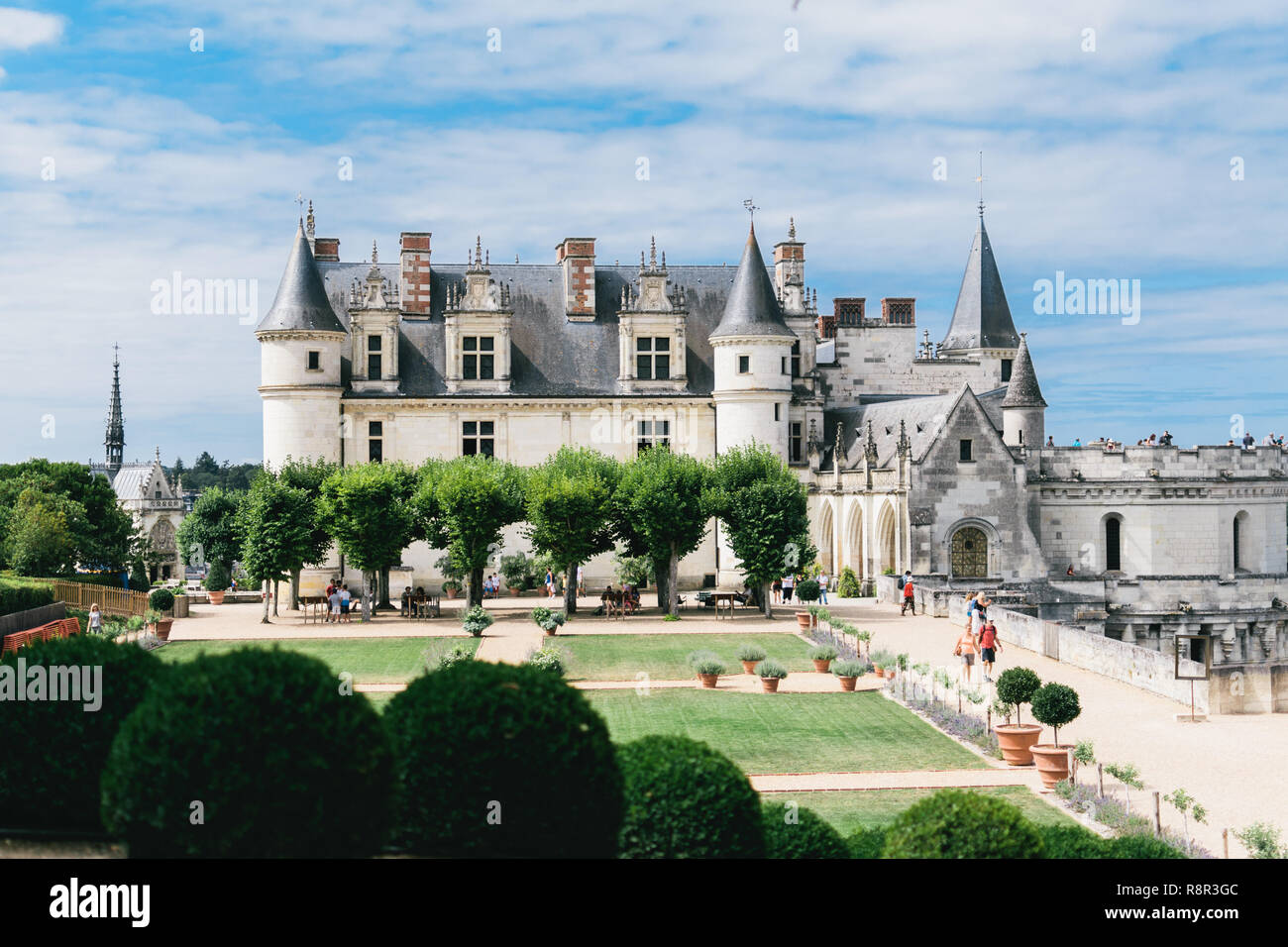 The eastern side of the Château d’Amboise, Indre-et-Loire, France. The château’s restored gardens and bank of box balls are in the foreground. Stock Photo