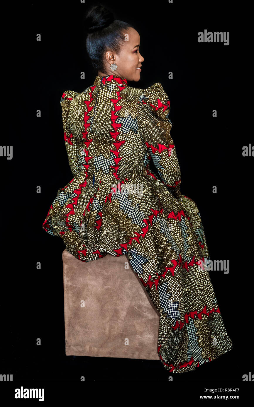 African Black female model in shweshwe dress Stock Photo