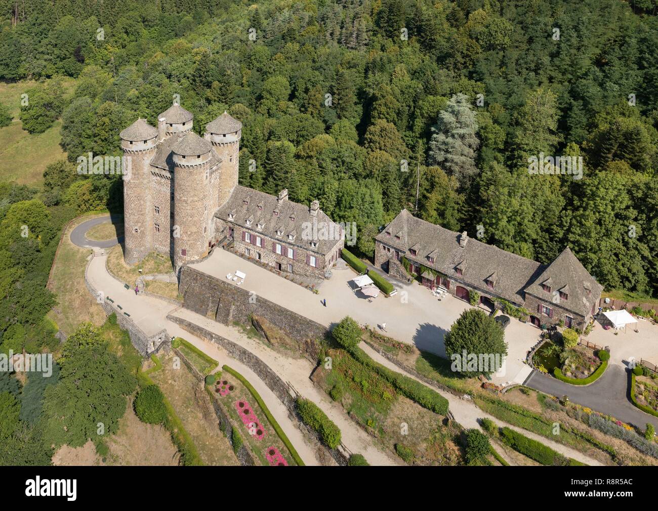 France, Cantal, Tournemire, the castle of Anjony, fortress of XVe century (aerial view) Stock Photo