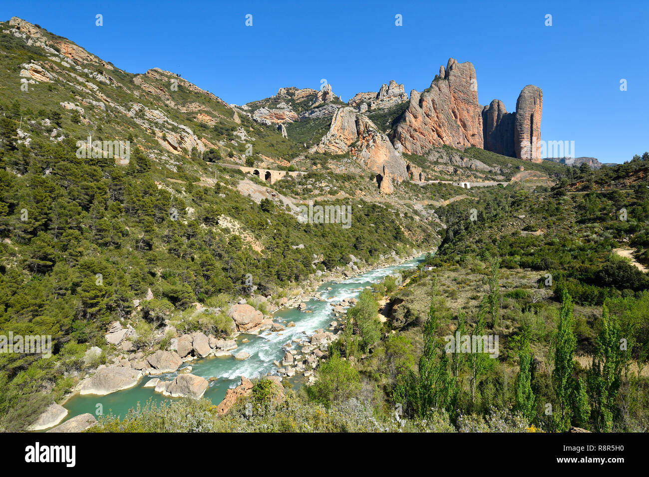 Spain, Hoya de Huesca, Rio Gallego Valley, Los Mallos, Gallego river and Mallos of Riglos Stock Photo