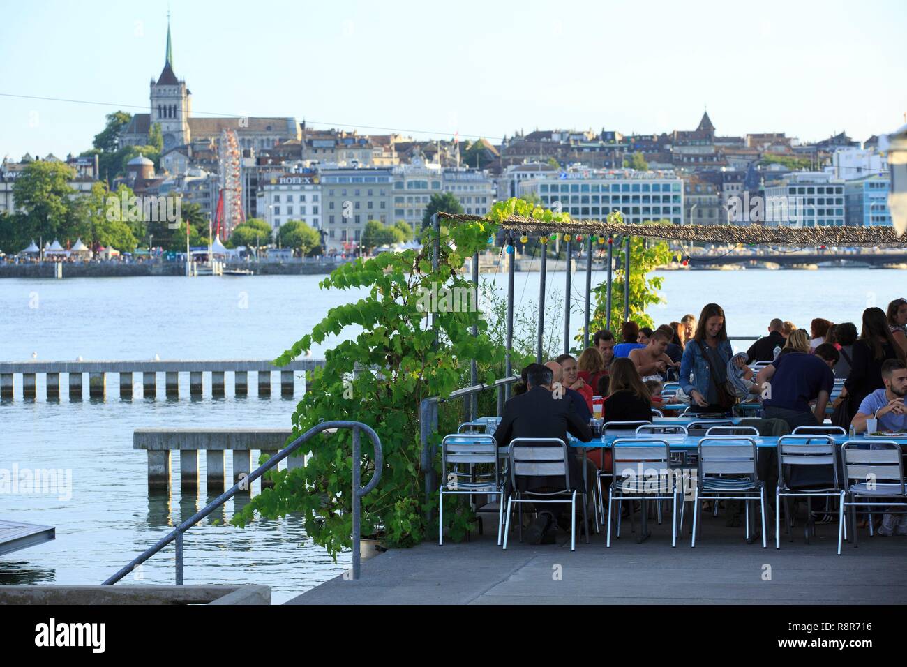 Switzerland, Geneva, Rade de Genève, Pâquis Pier, Les Bains Stock Photo ...