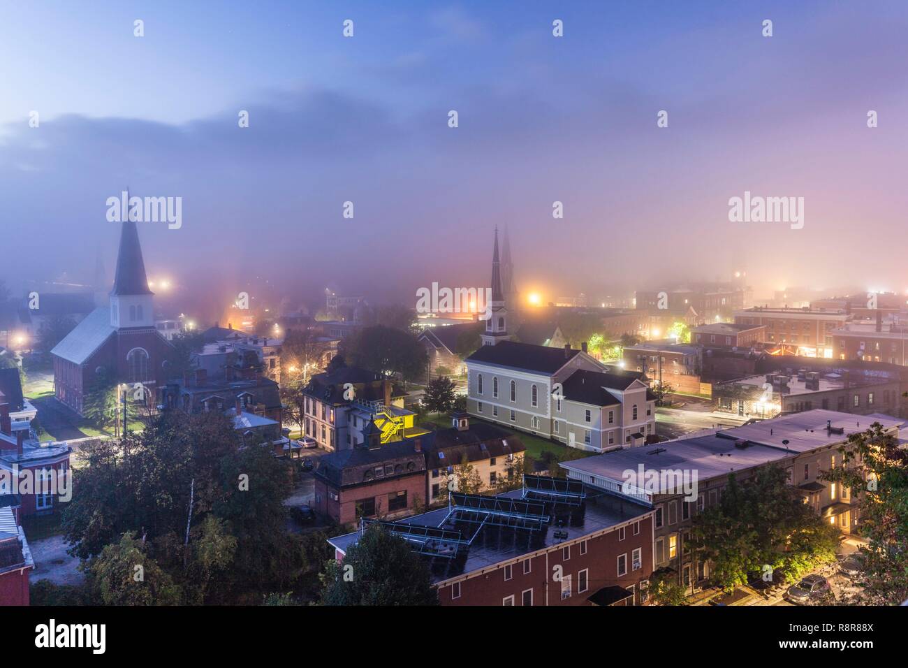 United States, New England, Vermont, Montpelier, elevated town view, dawn with morning fog, autumn Stock Photo