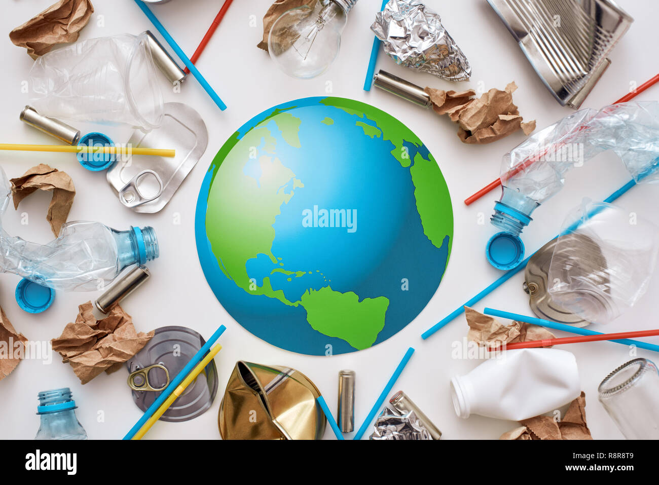 Garbage circle. Different types of garbage around the world Stock Photo