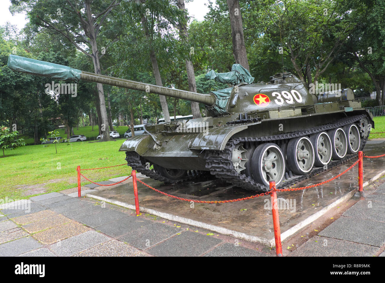 Ho Chi Minh City, Vietnam - A North Vietnamese T-54 battle tank displayed outside the Reunification Palace previously known as the Independence Palace Stock Photo