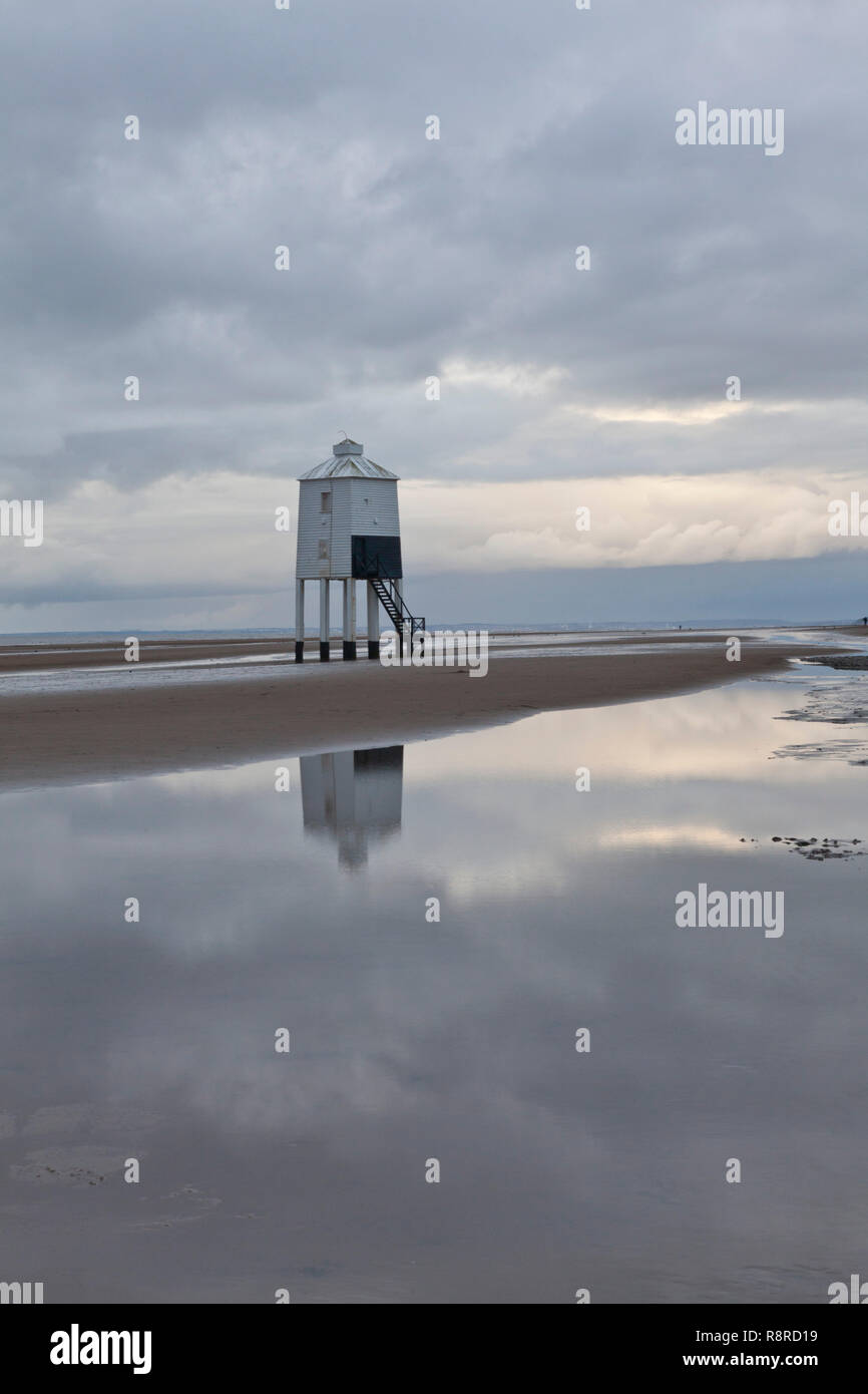 The wooden lighthouse on the beach at Burnham-on-Sea, Somerset, after a storm. Stock Photo