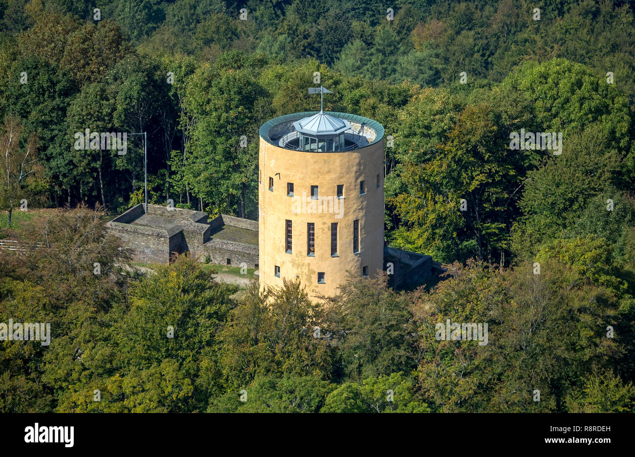 Aerial view, aerial view, tower of the ruin Ginsburg or Ginsberg Hilchenbach, Grund, Hilchenbach, Ginsberg, Rothaargebirge, Siegerland, North Rhine-We Stock Photo