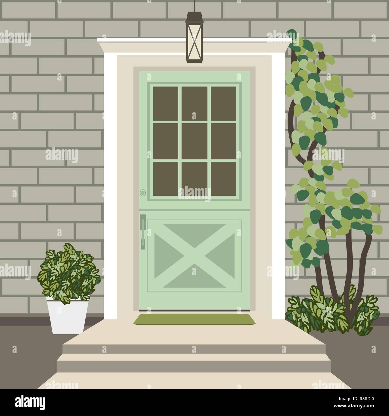 House door front with doorstep and steps porch, window, lamp, flowers in  pot, building entry facade, exterior entrance design illustration vector  flat style Stock Vector