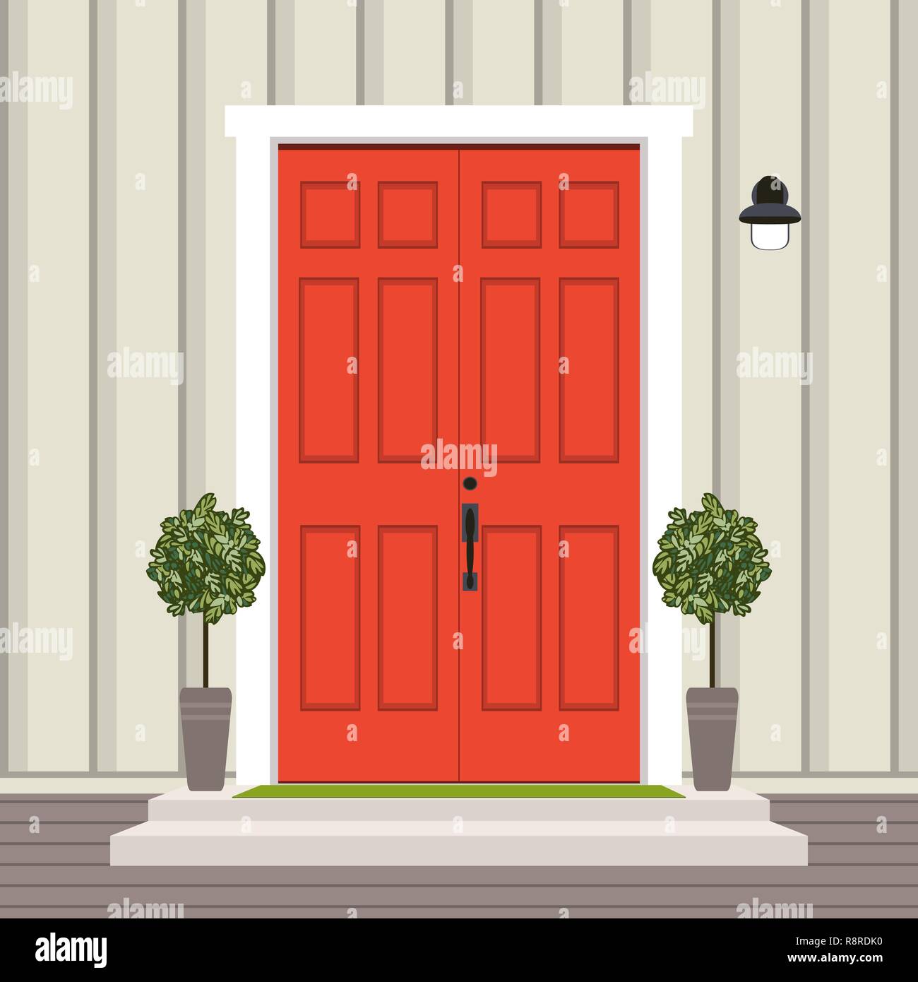 House door front with doorstep and steps porch, window, lamp, flowers in  pot, building entry facade, exterior entrance design illustration vector  flat style Stock Vector