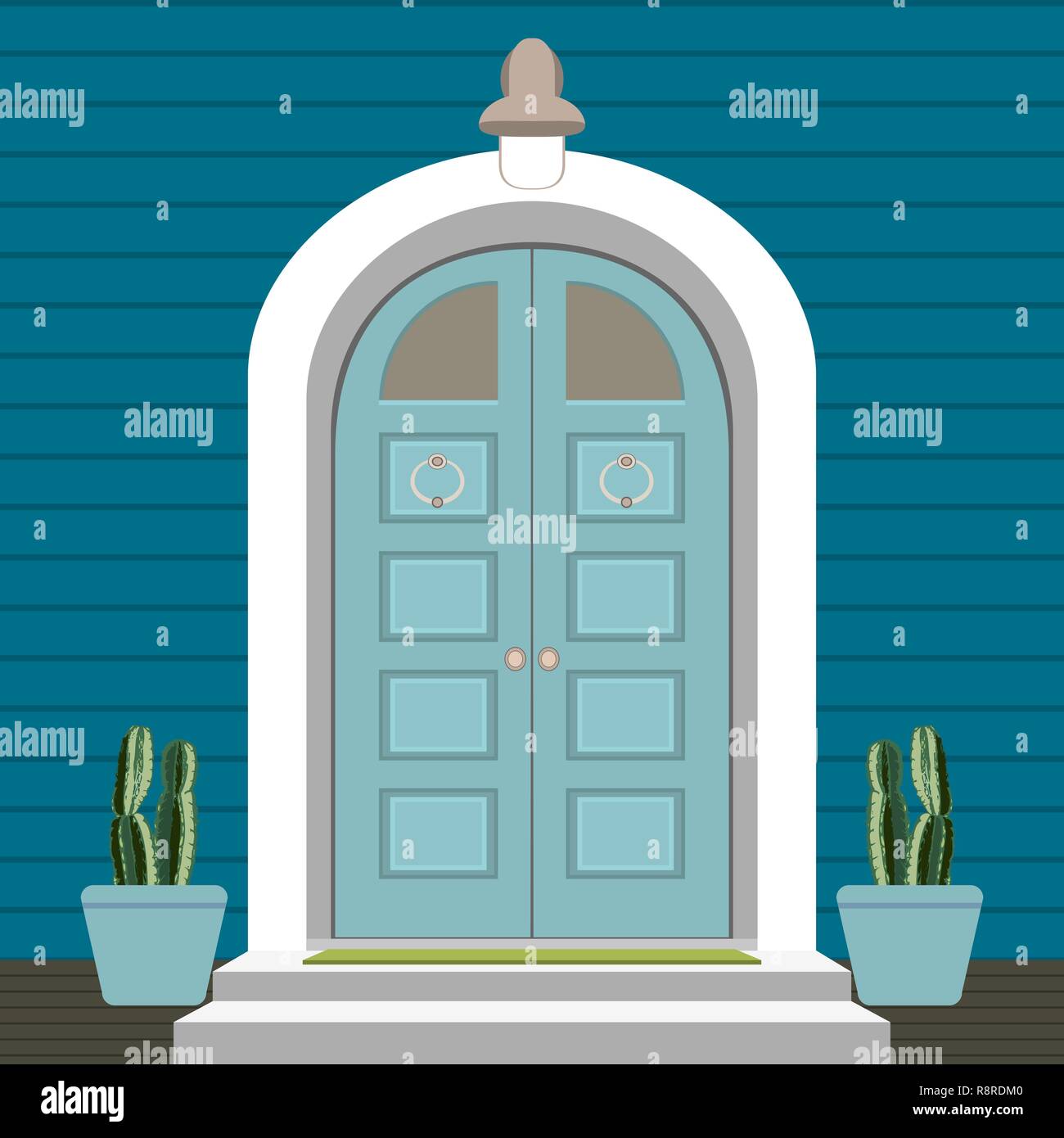 House door front with doorstep and lamps, flowers, entry facade building,  exterior entrance design illustration vector in flat style Stock Vector  Image & Art - Alamy