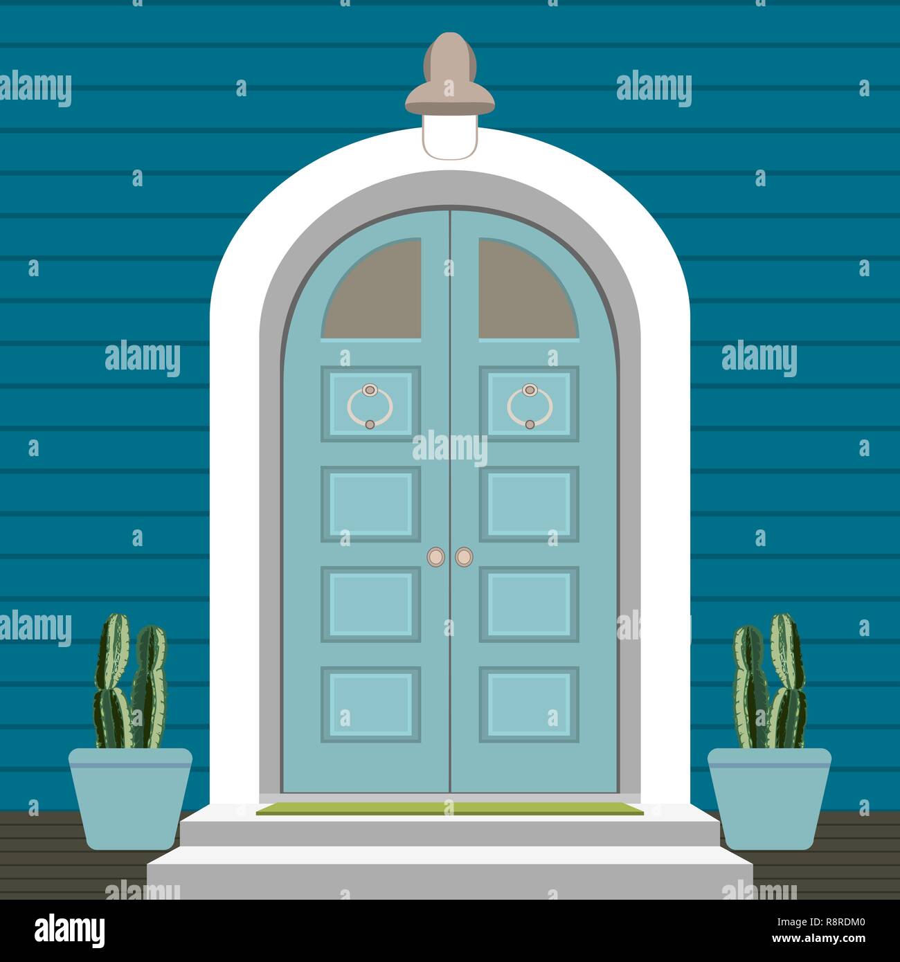 House door front with doorstep and steps, lamp, - vector clip art