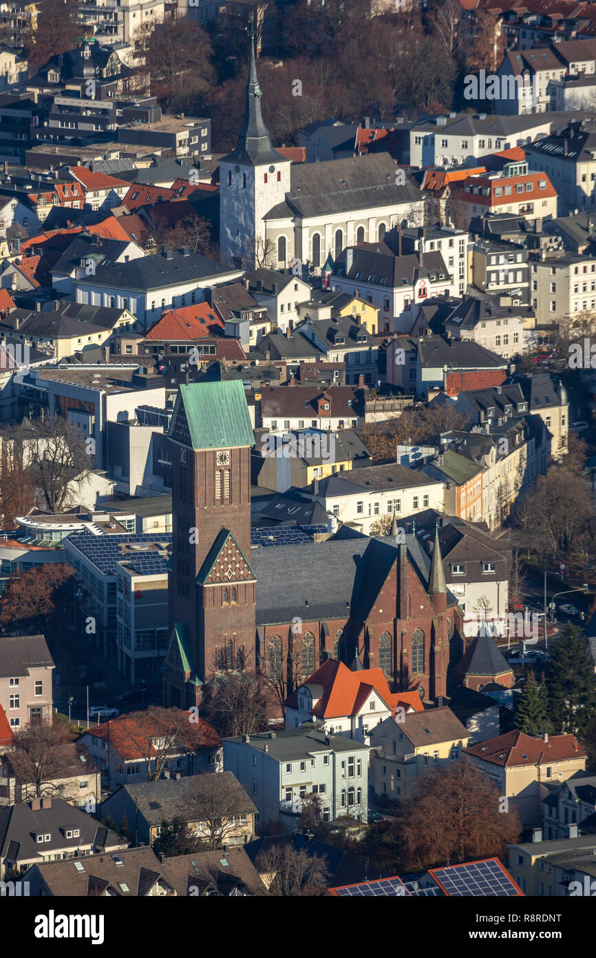 Aerial view, St. Joseph and Medardus in front and Redeemer church behind, Lüdenscheid, Märkischer Kreis, North Rhine-Westphalia, Germany, DEU, Europe, Stock Photo