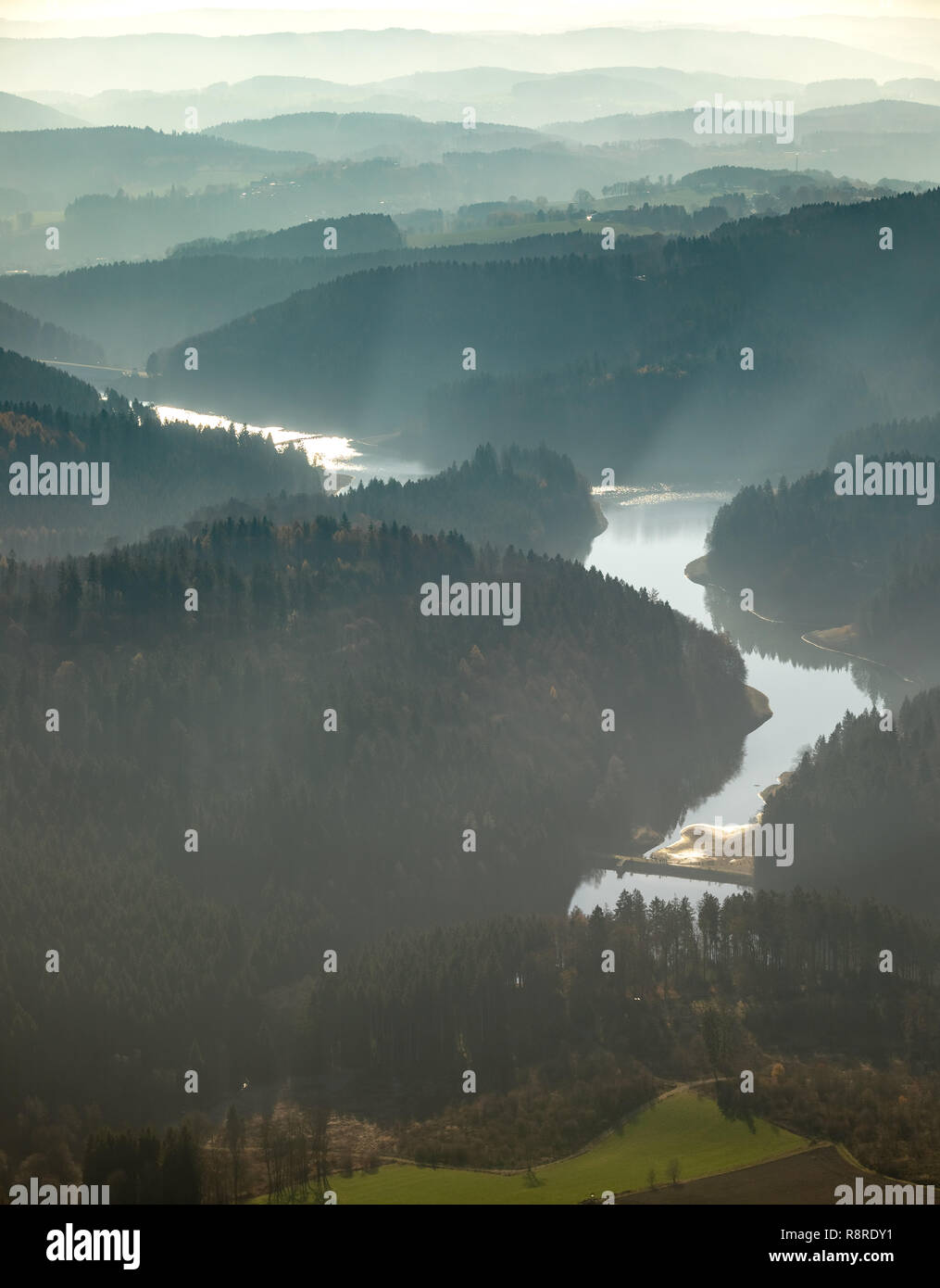 Genkeltalsperre, water shortage, low water, Meinerzhagen, Sauerland, Märkischer Kreis, North Rhine-Westphalia, Germany, DEU, Europe, aerial view, bird Stock Photo