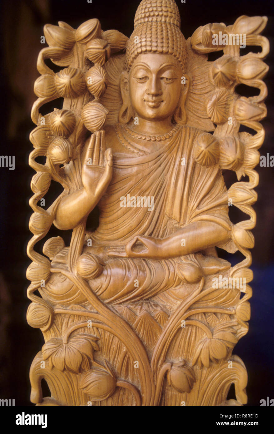 Lord Buddha, sandalwood handicraft, India, Indian handicrafts Stock Photo