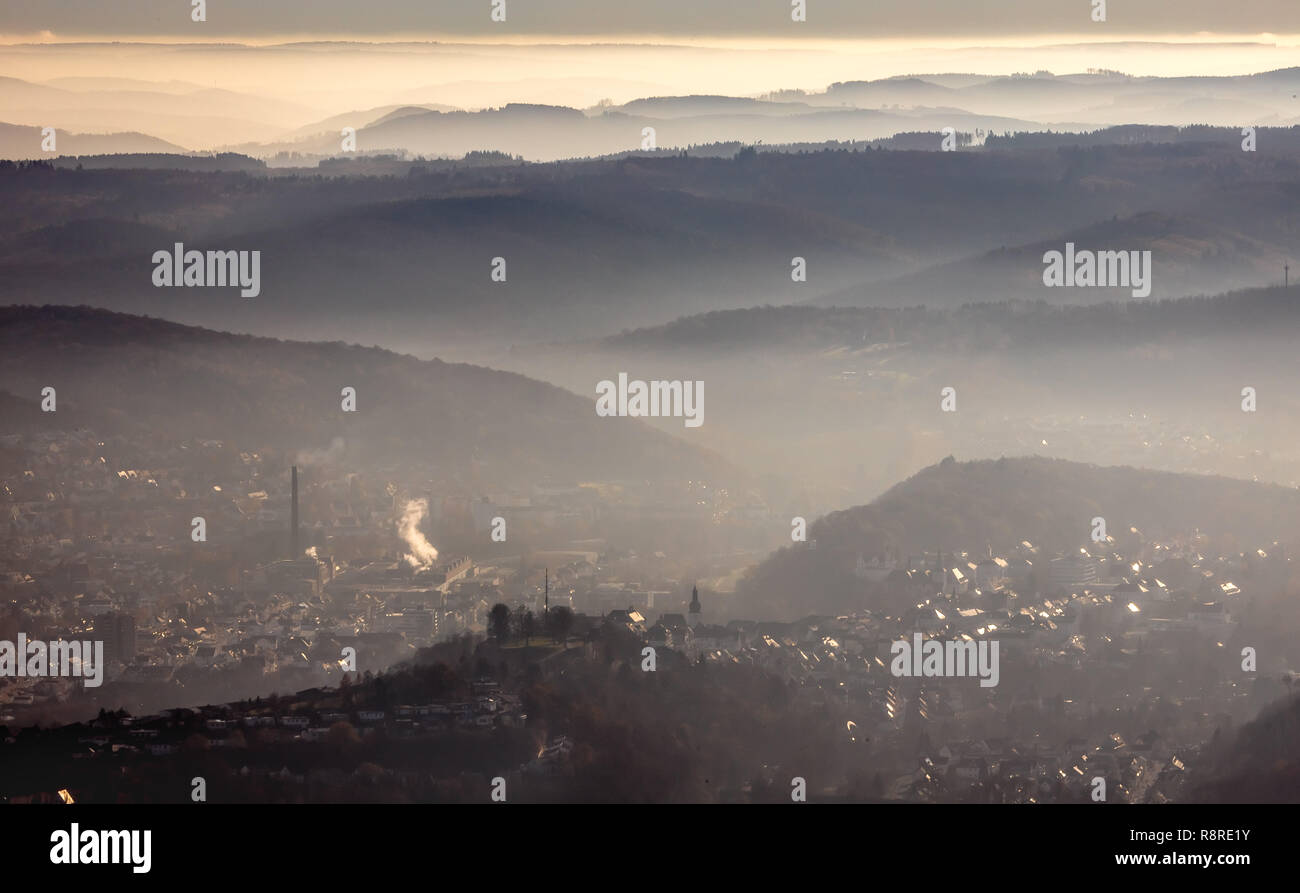 Aerial view, distant view of Bruchhausen from the airplane on the old town mountain and the bell tower of Arnsberg, Obereimer, Arnsberg, Sauerland, No Stock Photo