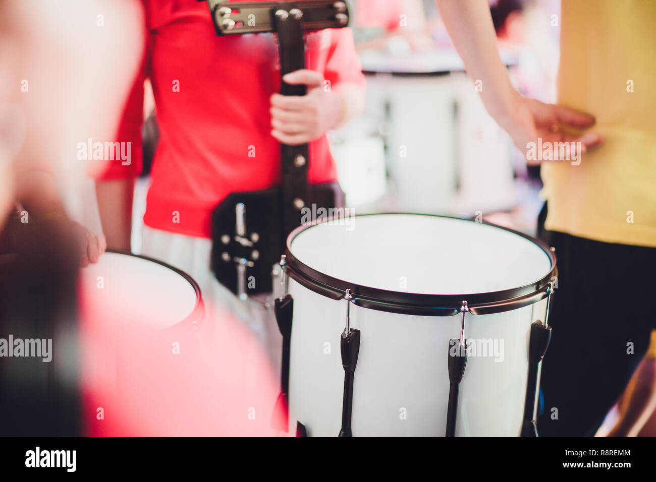 drummer plays with drumsticks on rock drum set Stock Photo Alamy