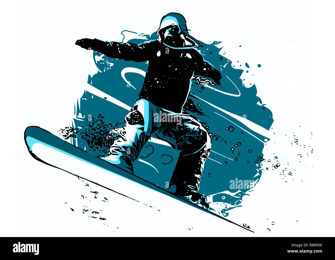 Silhouette of a snowboarder jumping isolated. Background and text on a separate layer, color can be changed in one click.  illustration Stock Photo