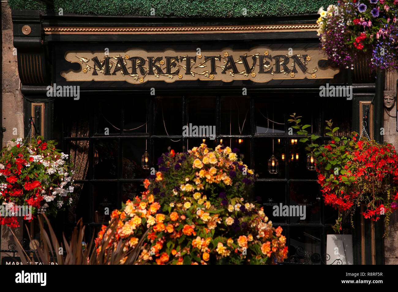 Flower arrangements outside the Market Tavern pub, Durham City Stock