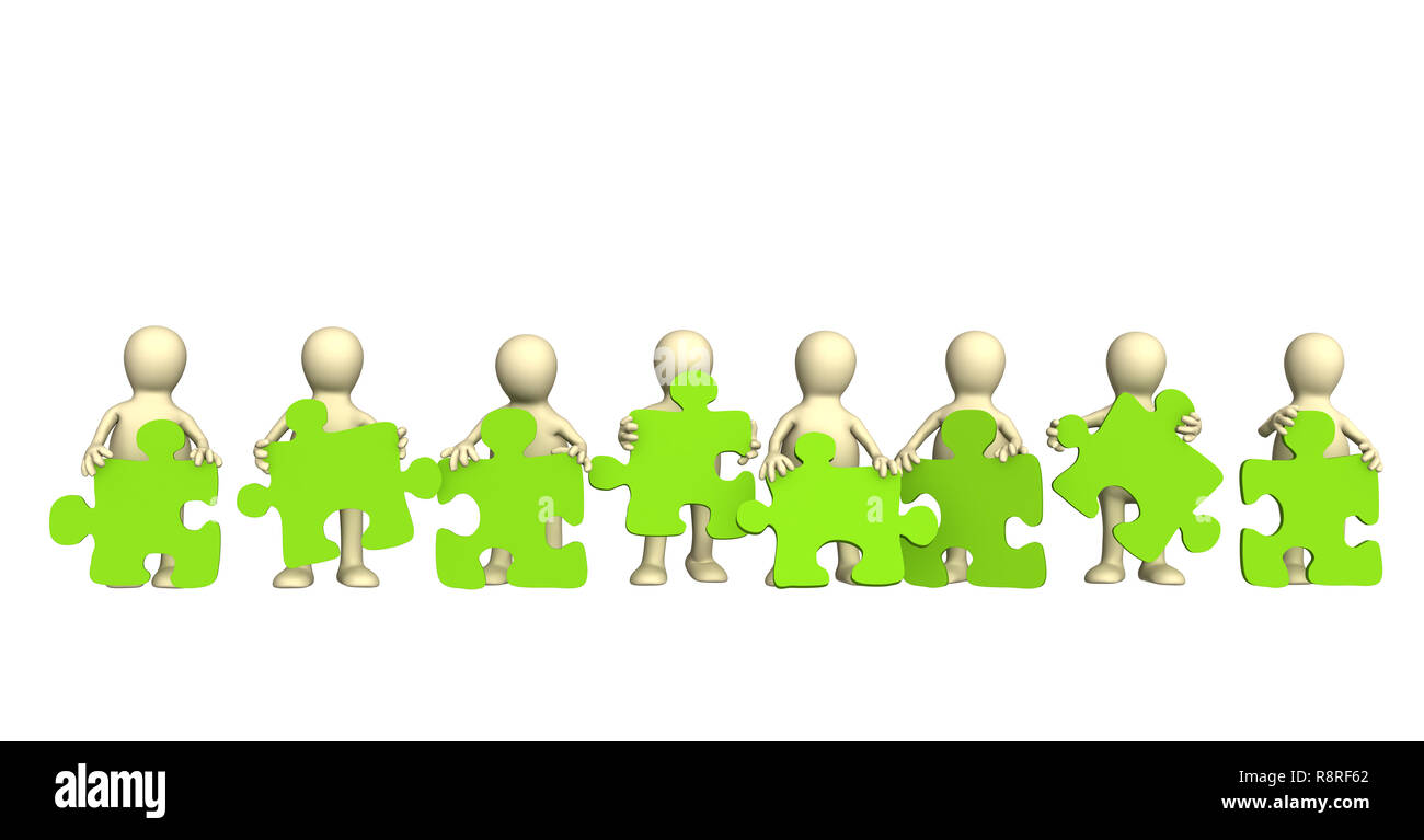 Eight puppets, holding in hands a puzzle of green color. Objects over