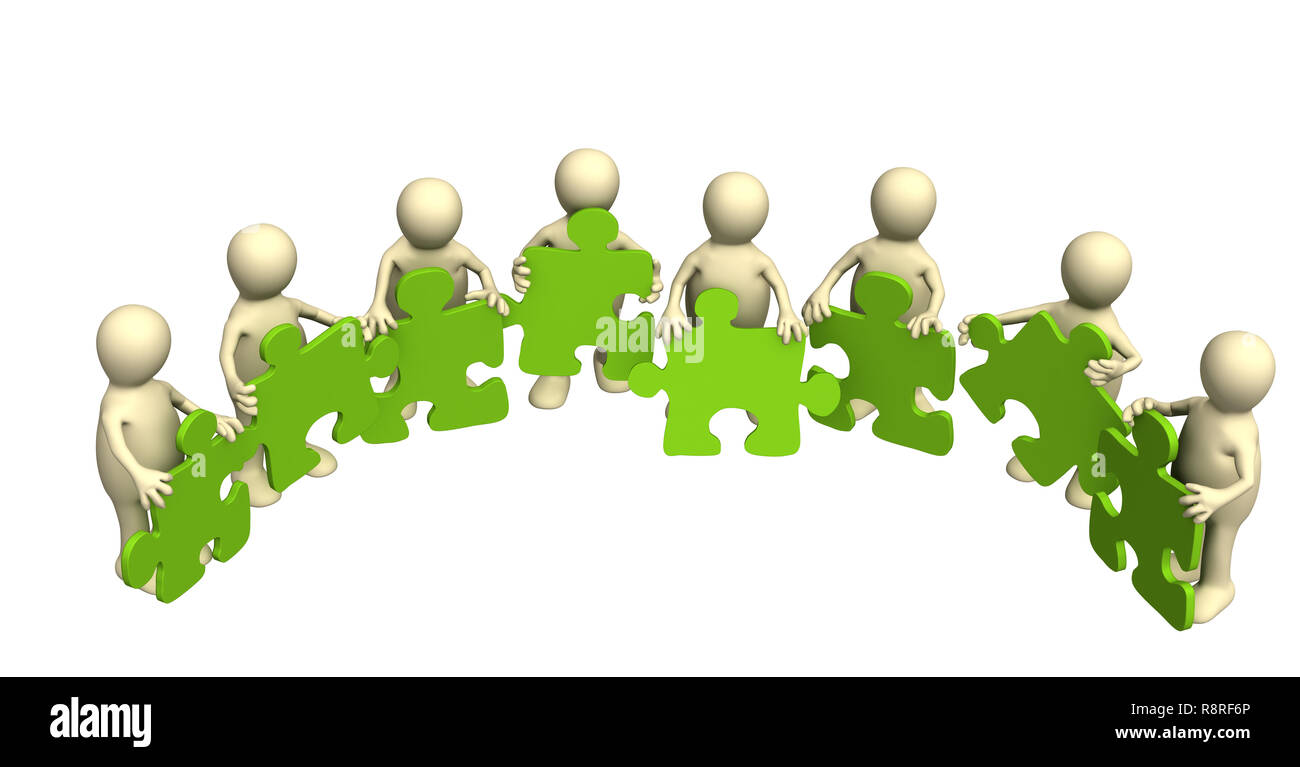 Eight puppets, holding in hands a puzzle of green color. Objects over