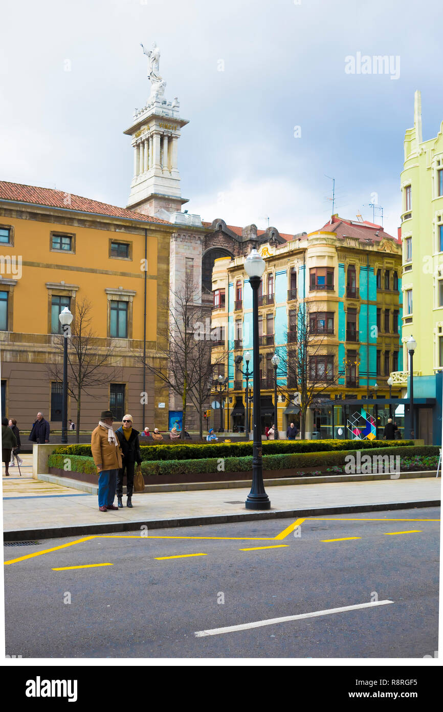 View of classical buildings in Calle Jovellanos from Plaza del Instituto in Gijon, Asturias Spain. Stock Photo