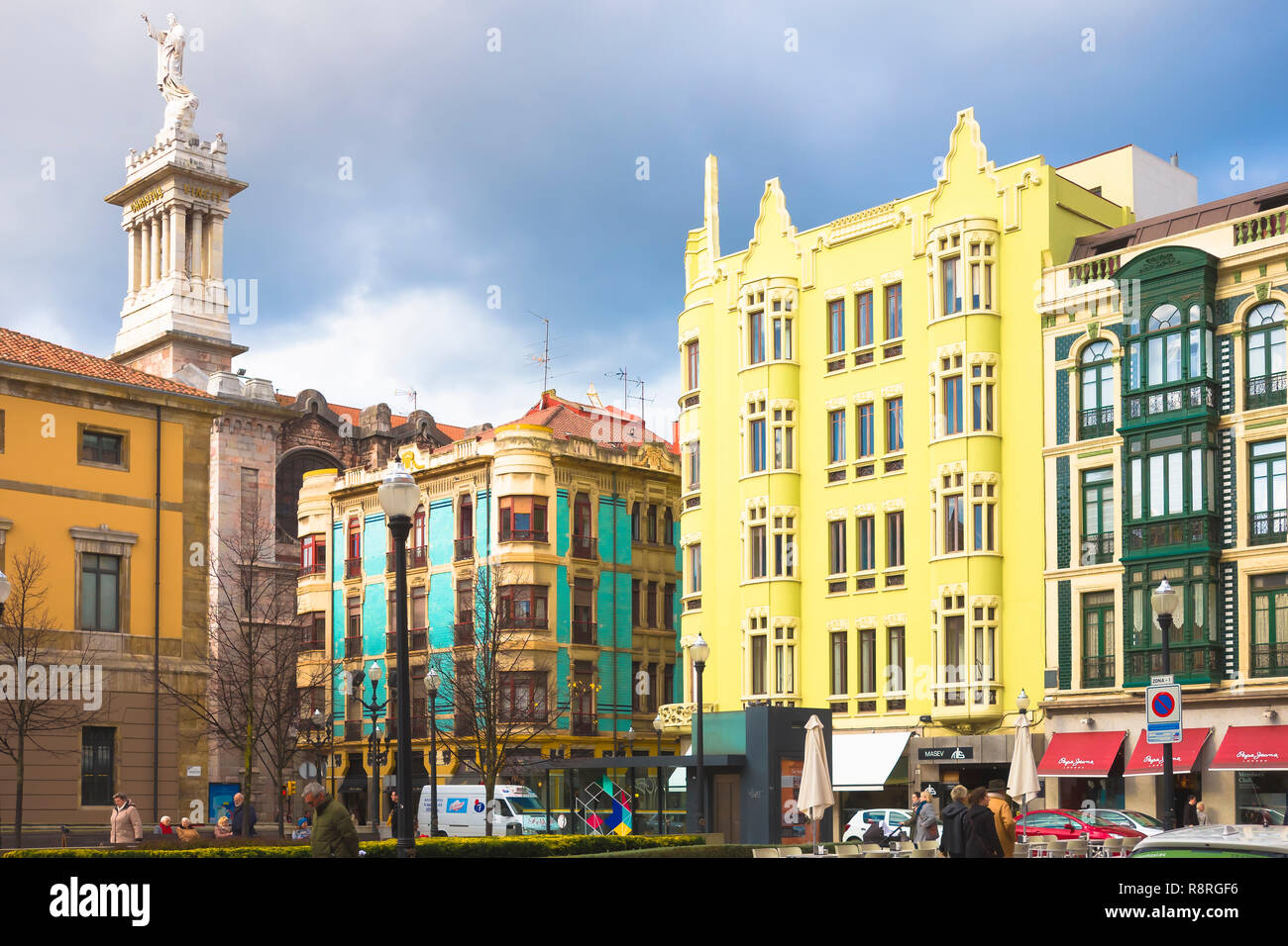View of classical buildings in Calle Jovellanos from Plaza del Instituto in Gijon, Asturias Spain. Stock Photo