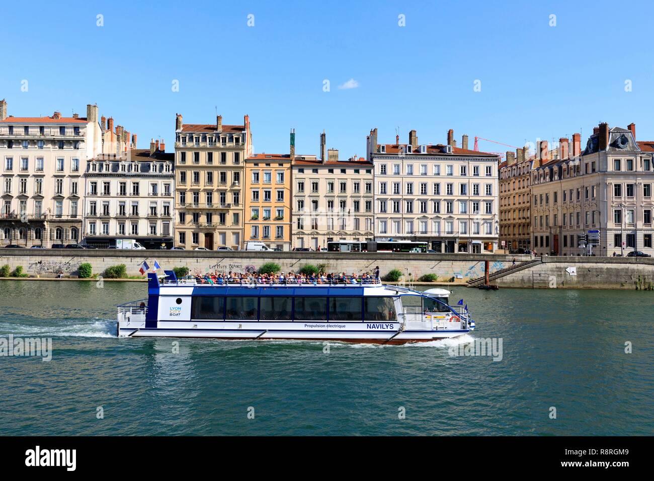 France, Rhône, Lyon, 2nd district, Bellecour district, UNESCO World  Heritage Site, Tilsitt quay, electric boat walk Navilys, La Saône Stock  Photo - Alamy