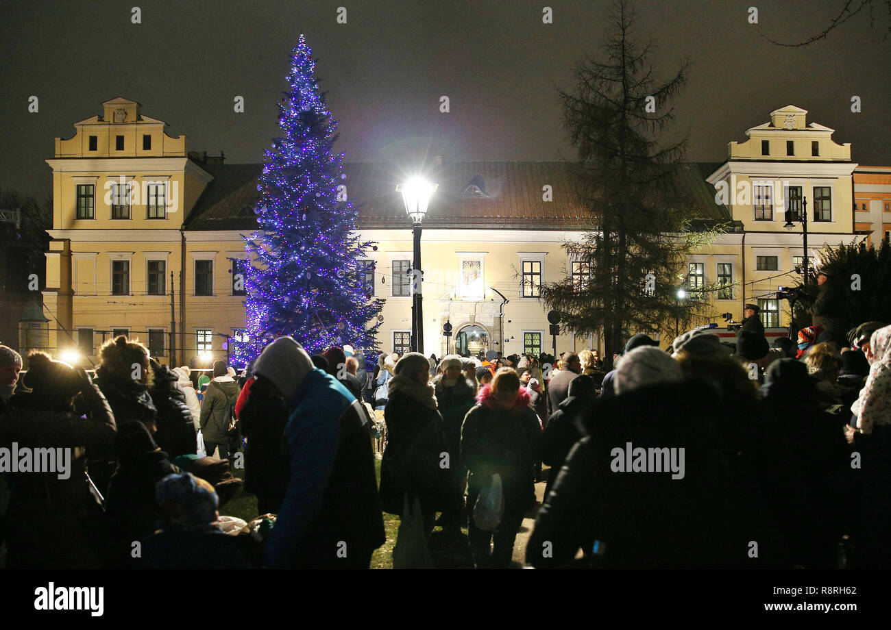 Christmas tree in front of the Papal window (the one John Paul II always) spoke to the crowds that gathered to see him at the Bishop's Palace on Decem Stock Photo