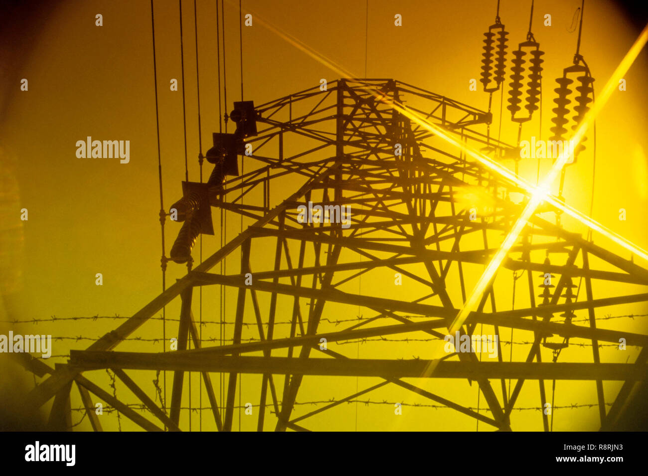 transmission tower, power tower, electricity pylon, tall structure, steel lattice tower, overhead power line, India, Asia Stock Photo