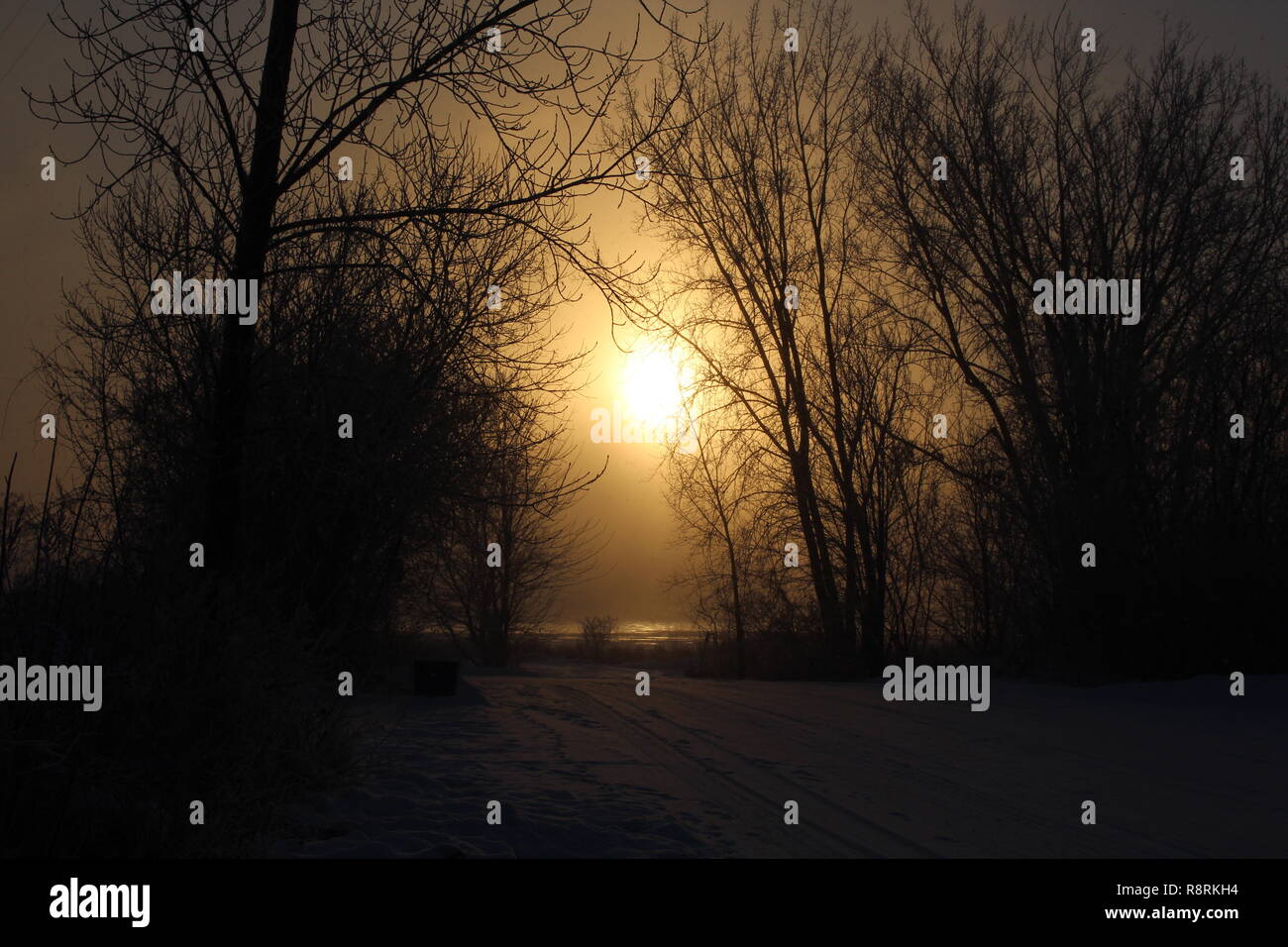 Sunrise in winter at minus 15 degrees below zero on the banks of the Saint-Laurent river in Montréal, Canada. Stock Photo