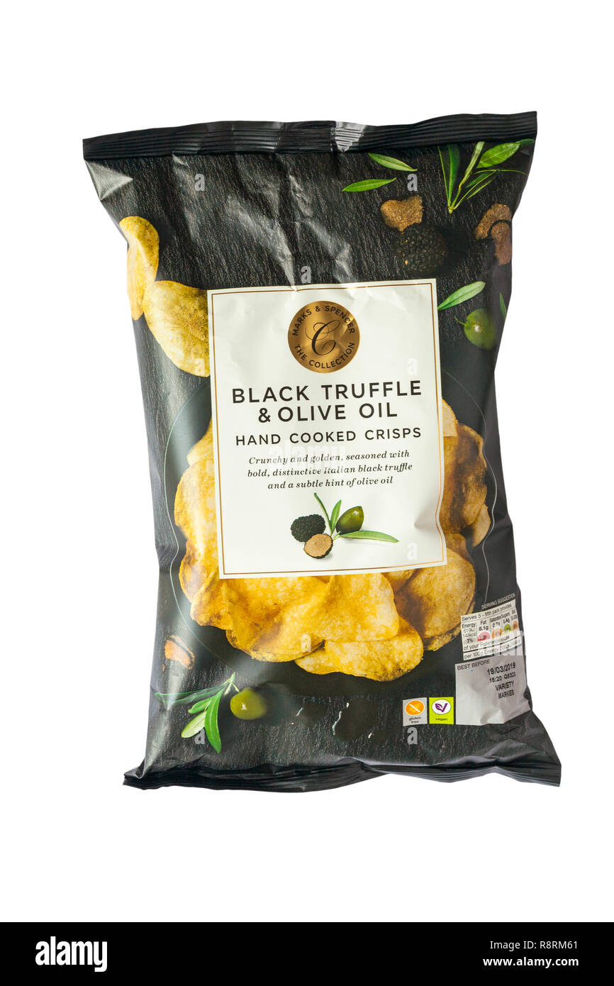 Packet of Marks & Spencer Black Truffle & Olive Oil hand cooked crisps isolated on white