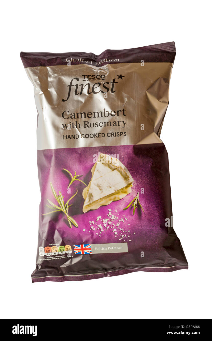 Packet of Tesco Finest Camembert with Rosemary hand cooked crisps isolated on white background - Camembert cheese and rosemary flavour potato crisps Stock Photo